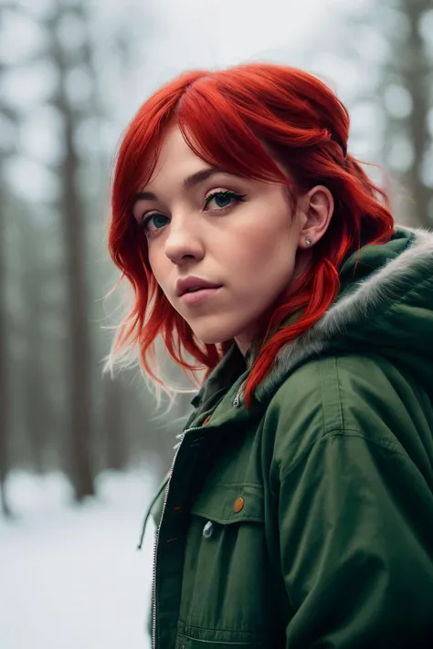 beautiful sydneyS1 wearing green jaket, red head, falling snow, Katyasitak, closeup, masterpiece, higeres, 4k, hdr, trending on ArtStation