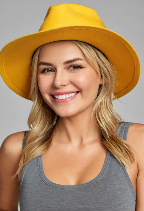 medium body shot, <lora:Brook:1>, realistic photo of Brook, a woman, blond hair, wearing a grey tanktop, wearing a yellow hat, smiling, looking at the camera, (sharp focus, highly detailed, 4k, 8k, best quality, masterpiece, ultra highres:1)