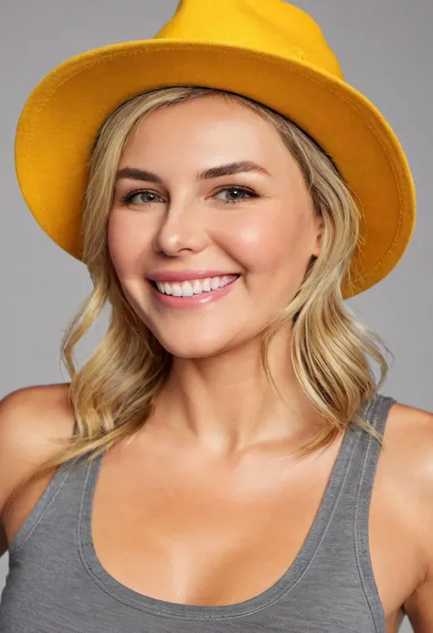medium body shot, <lora:Brook:1>, realistic photo of Brook, a woman, blond hair, wearing a grey tanktop, wearing a yellow hat, smiling, looking at the camera, (sharp focus, highly detailed, 4k, 8k, best quality, masterpiece, ultra highres:1)