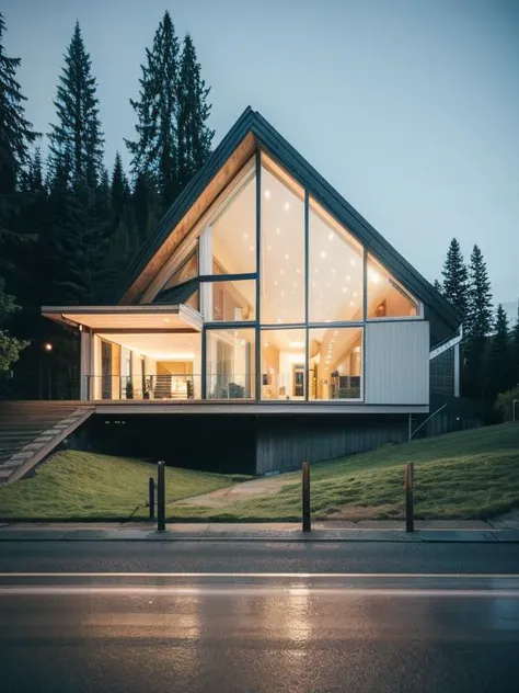 jzcg001, architecture, organic, modern house, elite, glass and white walls, pavement, scenery, trees, lake, masterpiece, best quality, evening <lora:more_details:0.8> <lora:JZCG001-Realistic natural scenery 1.0:0.9>