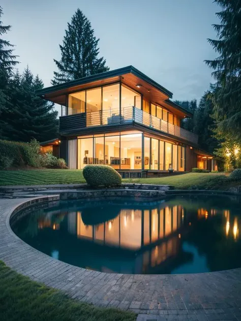 jzcg001, architecture, organic, modern house, luxury, glass and brick, pavement, scenery, trees, lake, masterpiece, best quality, evening <lora:more_details:0.8>  <lora:JZCG001-Realistic natural scenery 1.0:0.9>