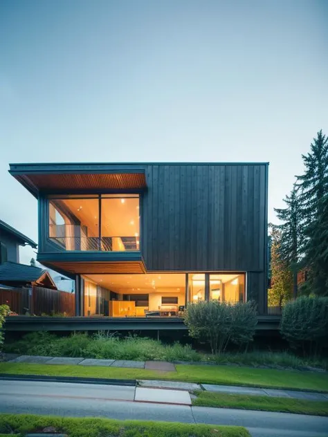 jzcg001, architecture, modern house, heigh ceiling, louvers, plants, drive way, scenery, trees, lake, panoramic, masterpiece, best quality, evening <lora:more_details:0.8>  <lora:JZCG001-Realistic natural scenery 1.0:0.9>