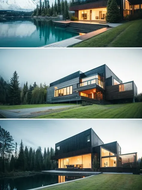 jzcg001, architecture, modern house, plants, drive way, scenery, trees, lake, panoramic, masterpiece, best quality, evening <lora:more_details:0.8>  <lora:JZCG001-Realistic natural scenery 1.0:0.9>