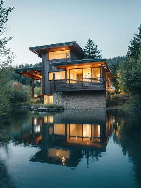 jzcg001, architecture, modern house, plants, drive way, scenery, trees, lake, panoramic, masterpiece, best quality, evening <lora:more_details:0.8> <lora:JZCG001-Realistic natural scenery 1.0:0.9>