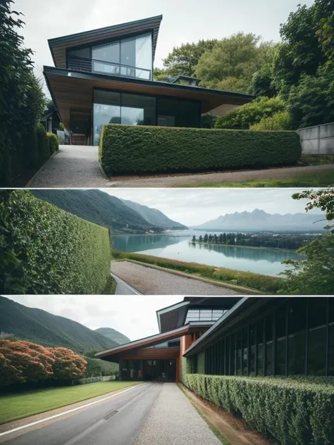 jzcg001, architecture, brutalism modern house, tadao ando, entrance, plants, drive way, scenery, trees, lake, panoramic, masterpiece, best quality, evening <lora:more_details:0.8>  <lora:JZCG001-Realistic natural scenery 1.0:0.9>