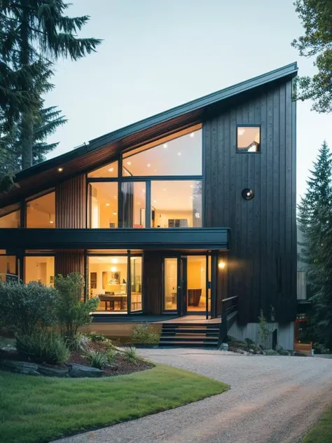 jzcg001, architecture, contemporary modern house, heigh ceiling, metal louvers, clean, plants, drive way, scenery, trees, lake, panoramic, masterpiece, best quality, evening <lora:more_details:0.8> <lora:JZCG001-Realistic natural scenery 1.0:0.9>