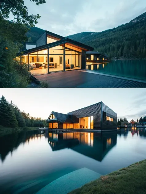 jzcg001, architecture, modern house, double story, plants, scenery, trees, lake, masterpiece, best quality, evening <lora:more_details:0.8>  <lora:JZCG001-Realistic natural scenery 1.0:0.9>