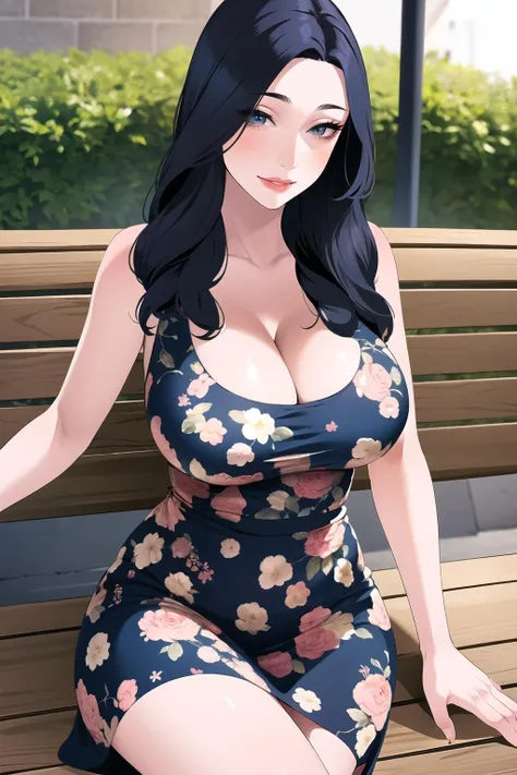 <lora:Camilla:0.6>, Camilla, floral dress, cleavage, sitting in a bench, park, daytime, looking at viewer, smile, crossed legs
