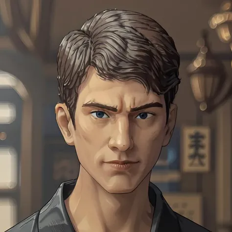 a portrait of a man, <lora:Lucas-10:1> Lucas, wearing Karate uniform, standing in a dojo, fine details best quality, hyperdetailed face, character design, moody, film grain, dark, highly detailed