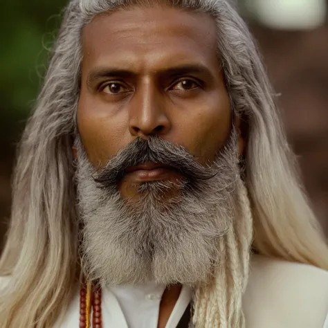 cinematic film still of  <lora:Ron Fricke style:1>
an indian man with a long beard and a white beard,solo,looking at viewer,1boy,brown eyes,white hair,male focus,blurry,blurry background,facial hair,portrait,beard,realistic,mustache,old,old man , realistic, realism, movie still, film grain, kodak film, film contrast, film color, cinematography, documentary, photography, 70 mm film, 65 mm film, Todd-AO, Todd-AO 35, 8K resolution, Ron Fricke film director style, Ron Fricke film directing style, Ron Fricke style, shallow depth of field, vignette, highly detailed, high budget, bokeh, cinemascope, moody, epic, gorgeous, film grain, grainy