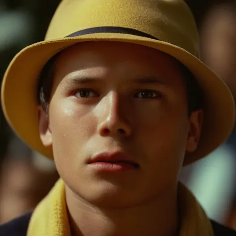 cinematic film still of  <lora:Ron Fricke style:1>
a boy wearing a hat with a man in the background,hat,closed mouth,male focus,multiple boys,2boys,realistic,yellow headwear , realistic, realism, movie still, film grain, kodak film, film contrast, film color, cinematography, documentary, photography, 70 mm film, 65 mm film, Todd-AO, Todd-AO 35, 8K resolution, Ron Fricke film director style, Ron Fricke film directing style, Ron Fricke style, shallow depth of field, vignette, highly detailed, high budget, bokeh, cinemascope, moody, epic, gorgeous, film grain, grainy