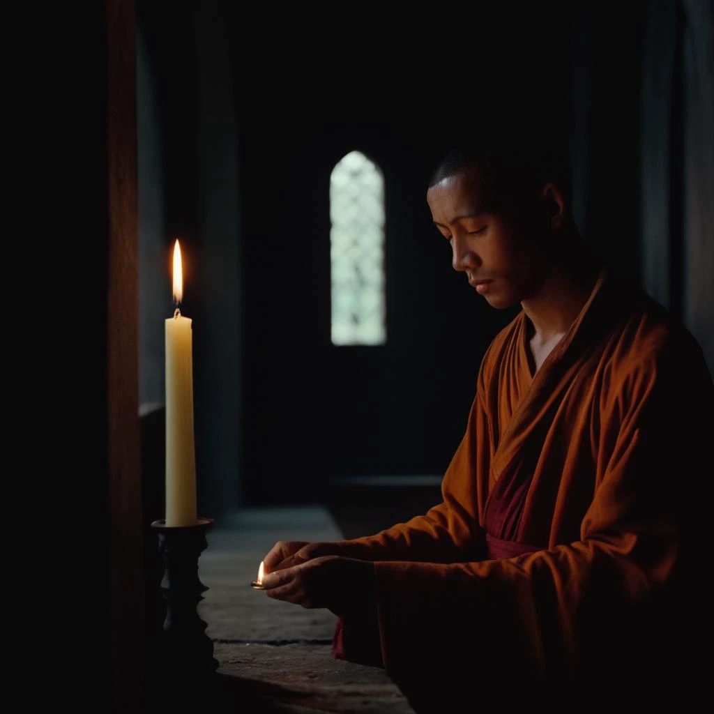 cinematic film still of  <lora:Ron Fricke style:1>
a monk lighting a candle in a dark room,solo,black hair,1boy,closed eyes,upper body,male focus,indoors,blurry,robe,dark,pillar,statue,stained glass , realistic, realism, movie still, film grain, kodak film, film contrast, film color, cinematography, documentary, photography, 70 mm film, 65 mm film, Todd-AO, Todd-AO 35, 8K resolution, Ron Fricke film director style, Ron Fricke film directing style, Ron Fricke style, shallow depth of field, vignette, highly detailed, high budget, bokeh, cinemascope, moody, epic, gorgeous, film grain, grainy