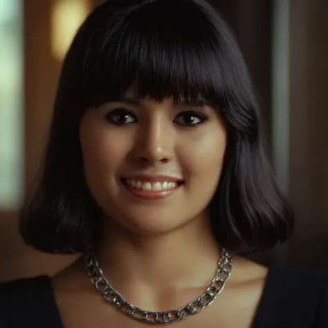 cinematic film still of <lora:Ron Fricke style:1>
a woman with long hair and a necklace on,1girl,solo,looking at viewer,smile,short hair,bangs,black hair,closed mouth,blurry,black eyes,lips,depth of field,blurry background,portrait,realistic,nose , realistic, realism, movie still, film grain, kodak film, film contrast, film color, cinematography, documentary, photography, 70 mm film, 65 mm film, Todd-AO, Todd-AO 35, 8K resolution, Ron Fricke film director style, Ron Fricke film directing style, Ron Fricke style, shallow depth of field, vignette, highly detailed, high budget, bokeh, cinemascope, moody, epic, gorgeous, film grain, grainy