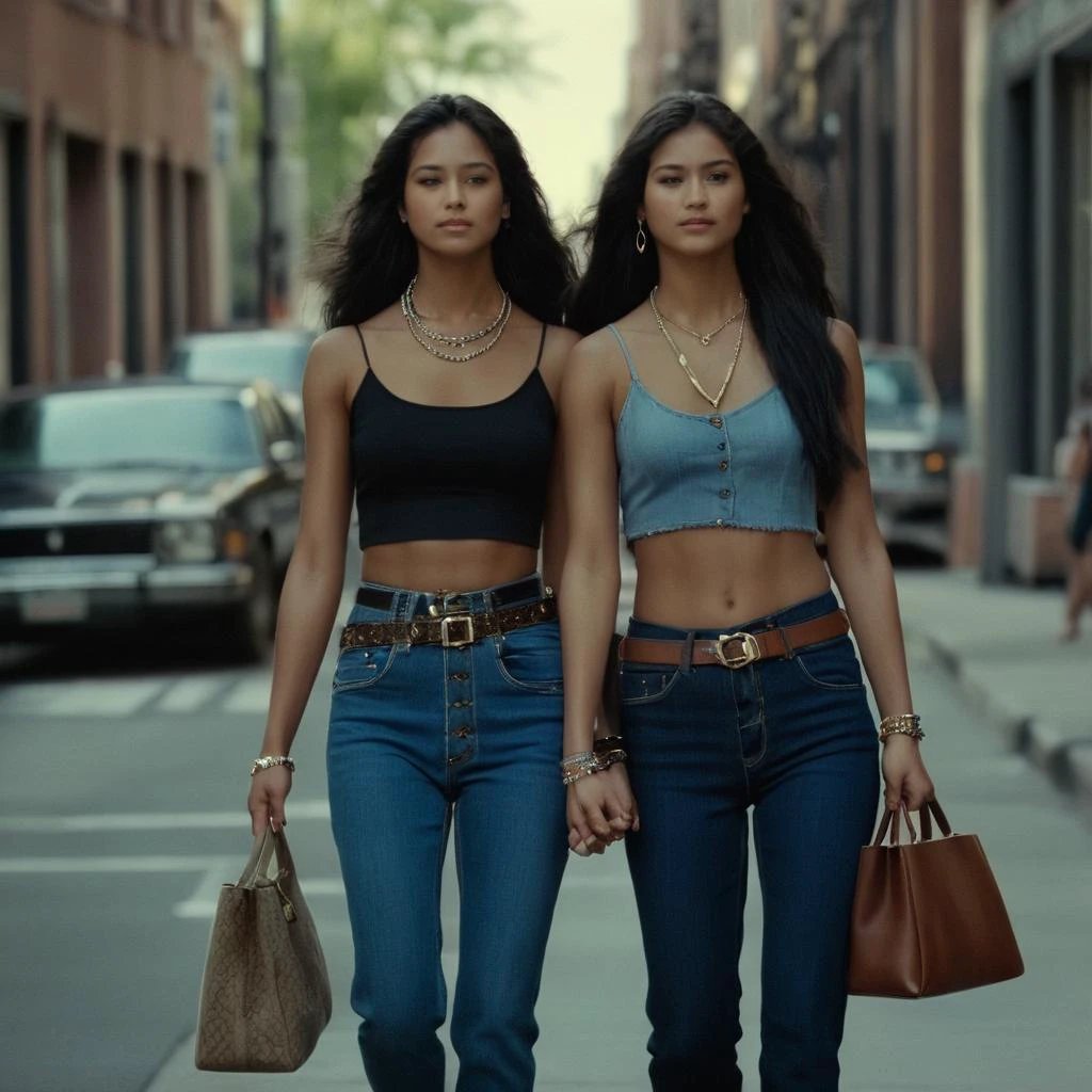 cinematic film still of <lora:Ron Fricke style:1>
two women walking down a street in a city,long hair,multiple girls,black hair,navel,2girls,jewelry,midriff,belt,pants,necklace,bag,bracelet,cat,tank top,denim,camisole,jeans , realistic, realism, movie still, film grain, kodak film, film contrast, film color, cinematography, documentary, photography, 70 mm film, 65 mm film, Todd-AO, Todd-AO 35, 8K resolution, Ron Fricke film director style, Ron Fricke film directing style, Ron Fricke style, shallow depth of field, vignette, highly detailed, high budget, bokeh, cinemascope, moody, epic, gorgeous, film grain, grainy