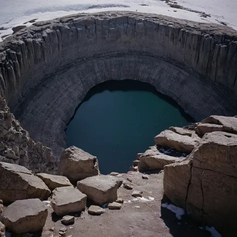 cinematic film still of <lora:Ron Fricke style:1>
a large rock formation with a hole in it,outdoors,water,no humans,scenery,snow,rock,ruins , realistic, realism, movie still, film grain, kodak film, film contrast, film color, cinematography, documentary, photography, 70 mm film, 65 mm film, Todd-AO, Todd-AO 35, 8K resolution, Ron Fricke film director style, Ron Fricke film directing style, Ron Fricke style, shallow depth of field, vignette, highly detailed, high budget, bokeh, cinemascope, moody, epic, gorgeous, film grain, grainy