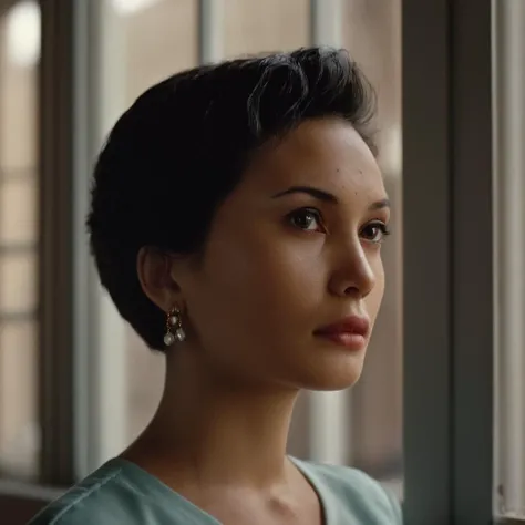 cinematic film still of  <lora:Ron Fricke style:1>
a woman looking out a window in a building,1girl,solo,short hair,shirt,black hair,brown eyes,jewelry,earrings,parted lips,blurry,lips,depth of field,blurry background,portrait,freckles,realistic,nose , realistic, realism, movie still, film grain, kodak film, film contrast, film color, cinematography, documentary, photography, 70 mm film, 65 mm film, Todd-AO, Todd-AO 35, 8K resolution, Ron Fricke film director style, Ron Fricke film directing style, Ron Fricke style, shallow depth of field, vignette, highly detailed, high budget, bokeh, cinemascope, moody, epic, gorgeous, film grain, grainy