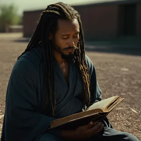 cinematic film still of  <lora:Ron Fricke style:1>
a man with dreads sitting on the ground reading a book,solo,long hair,black hair,1boy,sitting,very long hair,closed eyes,male focus,dark skin,book,facial hair,beard,robe,open book,mustache , realistic, realism, movie still, film grain, kodak film, film contrast, film color, cinematography, documentary, photography, 70 mm film, 65 mm film, Todd-AO, Todd-AO 35, 8K resolution, Ron Fricke film director style, Ron Fricke film directing style, Ron Fricke style, shallow depth of field, vignette, highly detailed, high budget, bokeh, cinemascope, moody, epic, gorgeous, film grain, grainy