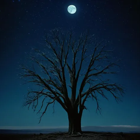 cinematic film still of  <lora:Ron Fricke style:1>
a tree with no leaves and a full moon in the background,outdoors,sky,tree,no humans,night,star (sky),night sky,scenery,starry sky,blue theme,branch,bare tree , realistic, realism, movie still, film grain, kodak film, film contrast, film color, cinematography, documentary, photography, 70 mm film, 65 mm film, Todd-AO, Todd-AO 35, 8K resolution, Ron Fricke film director style, Ron Fricke film directing style, Ron Fricke style, shallow depth of field, vignette, highly detailed, high budget, bokeh, cinemascope, moody, epic, gorgeous, film grain, grainy