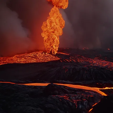 cinematic film still of  <lora:Ron Fricke style:1>
a lava flow is seen from a distance,no humans,fire,scenery,smoke,science fiction,explosion,red theme,molten rock , realistic, realism, movie still, film grain, kodak film, film contrast, film color, cinematography, documentary, photography, 70 mm film, 65 mm film, Todd-AO, Todd-AO 35, 8K resolution, Ron Fricke film director style, Ron Fricke film directing style, Ron Fricke style, shallow depth of field, vignette, highly detailed, high budget, bokeh, cinemascope, moody, epic, gorgeous, film grain, grainy