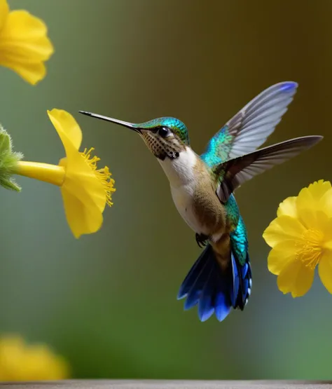 shot with Telephoto lens, Low Angle shot, Extreme Close-Up, hummingbird with shimmering blue feathers drinks from a yellow flower, focus light and create sharp defined edges, Ron Fricke style, <lora:Ron Fricke style:1>