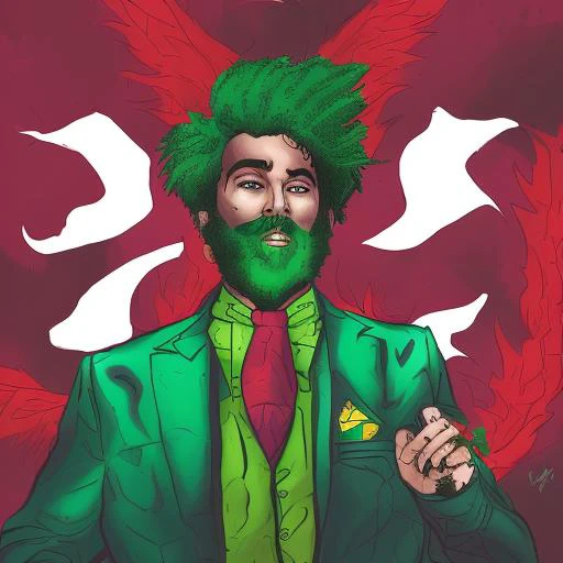 dskyart1, incredible masterpiece,a drawing of a man with a green hair and beard and a beardcut on his face and a green shirt, Alex Brightman, Beetlejuice the musical, digital art, a character portrait, dnd character art portrait, concept art, professional digital art,  looking at the camera, a character portrait, comic book style,  digital colors,  ligne claire, cinematic,  dskyart1