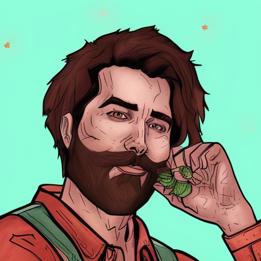 A close up of a man with a beard and a mustache eating a piece of food ...