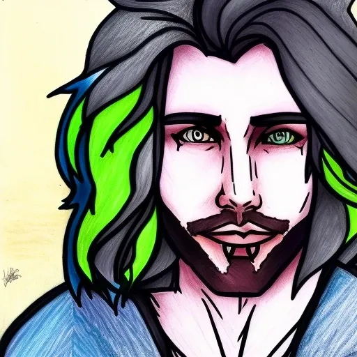 dskyart1,a drawing of a man with blonde and green hair , striking green eyes,looking at the camera, a character portrait, character portrait, cel shaded, ligne claire, cinematic, dskyart1