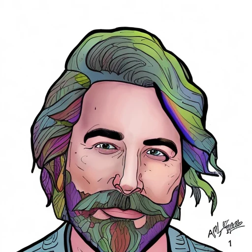 dskyart1, incredible masterpiece,a drawing of a man with a green hair and beard and a beard  and a green shirt, Alex Brightman, Beetlejuice the musical, digital art, a character portrait, dnd character art portrait,  looking at the camera, a character portrait, digital colors,  ligne claire, cinematic,  dskyart1