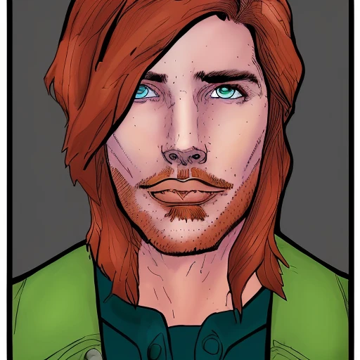 dskyart1,a drawing of a man with blonde and ginger hair and green eyes ,looking at the camera, a character portrait, comic book style,  digital colors,  ligne claire, cinematic,  dskyart1