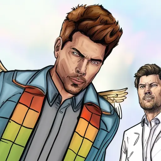 dskyart1, incredible masterpiece, a drawing of a man with a halo and angel wings on his head and a rainbow in the background,  concept art, professional digital art, Castiel from Supernatural, Misha Collins, looking at the camera, a character portrait, comic book style,  digital colors,  ligne claire, cinematic,  dskyart1