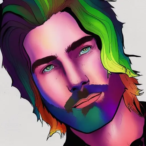 dskyart1, incredible masterpiece, a drawing of a man with rainbow hair and green eyes ,looking at the camera, a character portrait, comic book style,  digital colors,  ligne claire, cinematic,  dskyart1