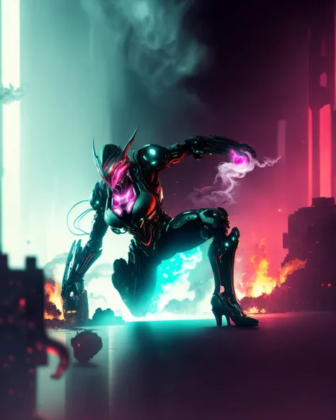 magenta,WARFRAME,in the middle of battle,dust, (full shot:1.4) photo of General,muscular, fyling, powerful,energetic, big breast, thin waist, thic thigh,high heels,cyan cyberpunk city background,bokeh,smoke, flame<lora:warframe_v1-000012:0.6>,clear image,