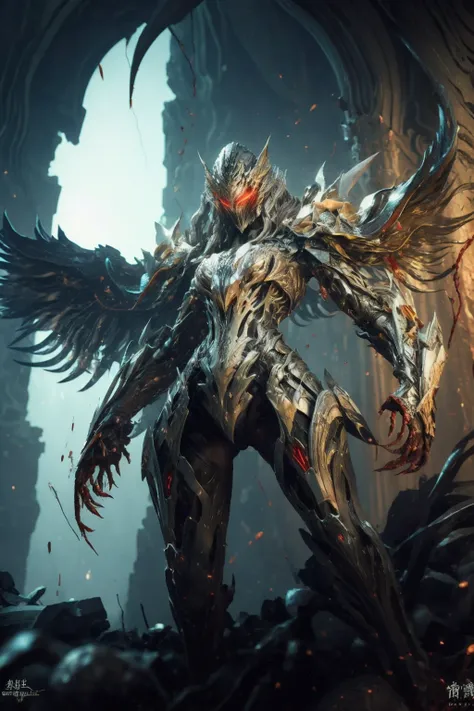 1 japanese girl, WARFRAME, dynamic pose, intricate pattern, heavy metal, energy lines, faceless, glowing eyes, long silver hair, wind blown hair, elegant, intense, blood red and black uniform, bloody wings, solo, desert, sunny, bright, claws,
dramatic lighting,
(masterpiece:1.2), best quality, high resolution, beautiful detailed, extremely detailed, perfect lighting, zhongfenghua, from below
<lora:warframe_v1-000012:0.7> <lora:zhongfenghuaxiyou-000018:0.6>