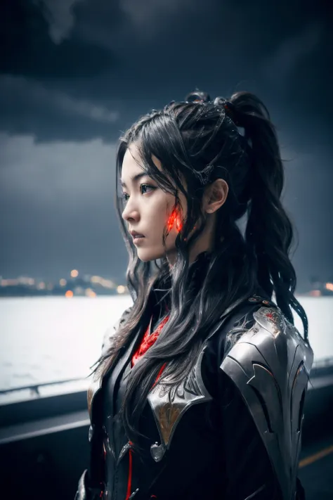 1 japanese girl, WARFRAME, intricate pattern, heavy metal, energy lines, faceless, glowing eyes, long silver hair, wind blown hair, elegant, intense, blood red and black uniform, solo, modern, city, streets, dark clouds, thunderstorm, heavy rain,
dramatic lighting,
(masterpiece:1.2), best quality, high resolution, beautiful detailed, extremely detailed, perfect lighting,
<lora:warframe_v1-000012:0.7>