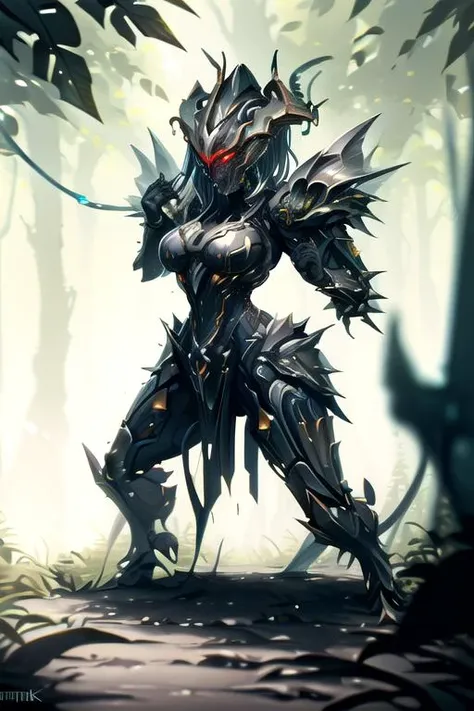 (masterpiece:1.2), ((best quality, high resolution, unity 8k wallpaper)), ((Heavy_spiked_armor)),((Devil_Horns_on_head)), ((Warframe)), ((humanoid_Android)), monster, ((solo)), perspective, (standing in a fighting pose:1), ((Background: In Forest))
<lora:warframe_v1:0.85>, ((Female)), ((Medium_size_Breast))