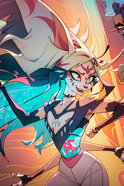 (masterpiece, best quality), best resolution, (2heads:1.5), 1girl, Woman with long light hair and bright makeup　Little devil face like a cat　painting of a, Vivid neon ink painting, Vibrant digital painting, Vibrant digital art, colorful art, art of alessandro pautasso, vibrant cartoon art, jen bartel, colorful digital art, Colorful paintings, Colorful Digital Painting, Hypercolor Digital Art, Vivid paintings, Full-color digital art, colourful drawing, vibrant fan art