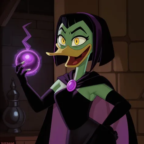 <lora:Magica De Spell V1:0.6> (ducktales) (by pixelsketcher:1.2) (by chelodoy:1) (by jinu:1) BREAK (magic, magic user, purple energy, energy ball:1.3) (duck) (magica de spell) (black hair) (beak) (yellow eyes) (laughing) (breasts) (green skin:1.2) (solo:1.1) (clothed:1.3) (inside) ( dungeon:1.1) (fingerless gloves, elbow gloves) (black dress:1.4) (cape:1.3)