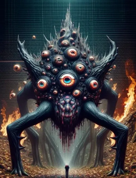 best quality, masterpiece, highres, detailed, realistic, <lora:Detail - add_detail:0.2>, AbstractMonster, glitch body, extra eyes, monster, horror \(theme\), <lora:Creature - AbstractMonster:0.9>, no human, fire