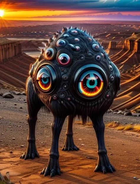 best quality, masterpiece, highres, detailed, realistic, <lora:Detail - add_detail:0.2>, AbstractMonster, glitch body, extra eyes, monster, horror \(theme\), <lora:Creature - AbstractMonster:0.9>, no human, sunset