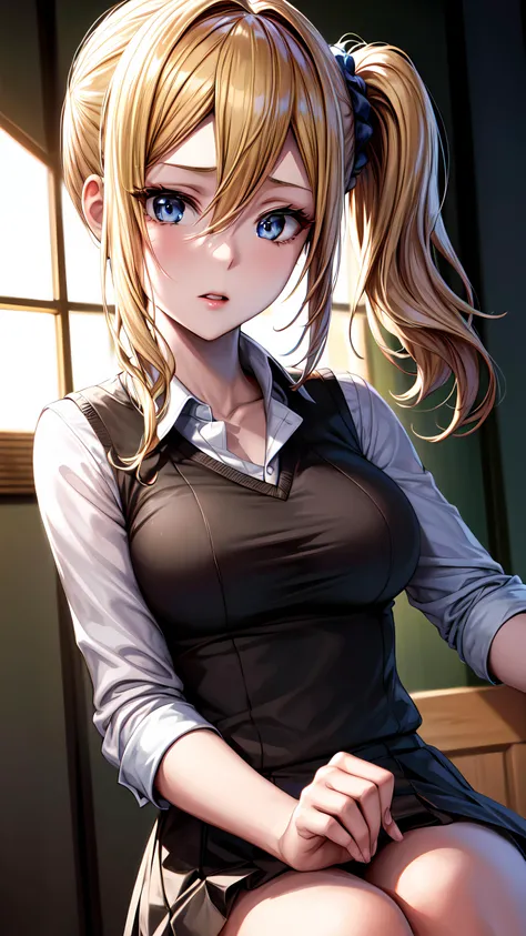 1girl, solo, detailed skin, ultra realistic, 8k cg, picture-perfect face, flawless, clean, masterpiece, professional artwork, famous artwork, cinematic lighting, cinematic bloom, ((beautiful eyes)), intricate iris, (perfect hands:1.3), (extremely detailed background), ((dynamic background)), beautiful detailed girl, beautiful detailed nose, light on face, looking at viewer,<lora:GoodHands-vanilla:1.5>, <lora:more_details:0.6>, classroom,  <lora:hayasaka_ai:0.9> , hayasaka_ai, blond hair, hair between eyes, side ponytail, scrunchie, hair ornament, hair scrunchie, blue scrunchie, long hair, sidelocks, shirt, medium breasts, (school uniform, shuuchiin academy school uniform), long sleeves, collarbone, collared shirt, white shirt, black sweater vest, black skirt,