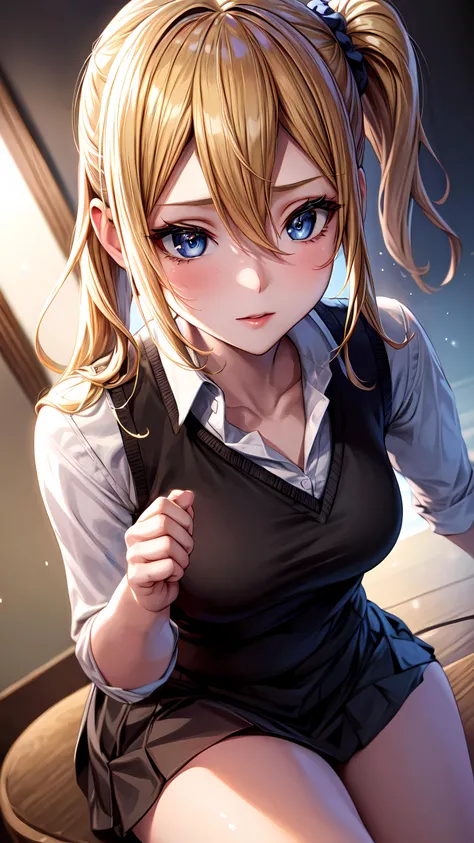 1girl, solo, detailed skin, ultra realistic, 8k cg, picture-perfect face, flawless, clean, masterpiece, professional artwork, famous artwork, cinematic lighting, cinematic bloom, ((beautiful eyes)), intricate iris, (perfect hands:1.3), (extremely detailed background), ((dynamic background)), beautiful detailed girl, beautiful detailed nose, light on face, looking at viewer,<lora:GoodHands-vanilla:1.5>, <lora:more_details:0.6>, classroom, <lora:hayasaka_ai:0.9> , hayasaka_ai, blond hair, hair between eyes, side ponytail, scrunchie, hair ornament, hair scrunchie, blue scrunchie, long hair, sidelocks, shirt, medium breasts, (school uniform, shuuchiin academy school uniform), long sleeves, collarbone, collared shirt, white shirt, black sweater vest, black skirt,