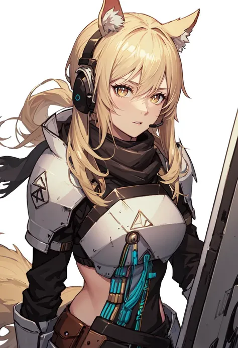 best quality, masterpiece, highres, solo, (nearl_arknights:1.10), 1girl, breastplate, headset, upper body, pauldrons, scarf, sidelocks, simple background, closed mouth, white background, looking at viewer, parted lips, 8 <lora:nearl_arknights:0.80>
