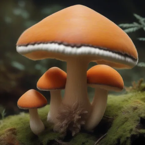 OliveGreen Colossal Shell-shaped Fuzzy mushroom, Pearly Texture,  Plant-Fungus Cooperation, Taiga, Fasciculate, Luminescent, Terracotta Depressed Gills, Lamellate Hymenium,,Orange Latex, Zebra Print Elongated Base, Curative capabilities,