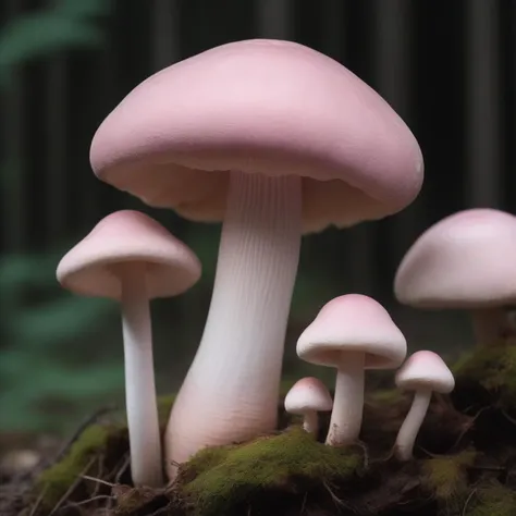 Light pink Generous Club-shaped Rough mushroom, Iridescent Texture,  Fungal Filaments Entwined with Roots, Arctic, Solitary,   Cap Surface Smooth Pileus,,Radially Split Volva, Banded __mushrooms/stipe__,