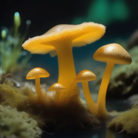 GoldenYellow Medium Cylindrical Slimy mushroom, Fringed, Mottled, Cooperative Nutrient Absorption, Pond, Grouped, Luminescent, Seafoam Green Attached Gills, Marginate Hymenium, TealBlue Flaring and Stout Base, Harmful,