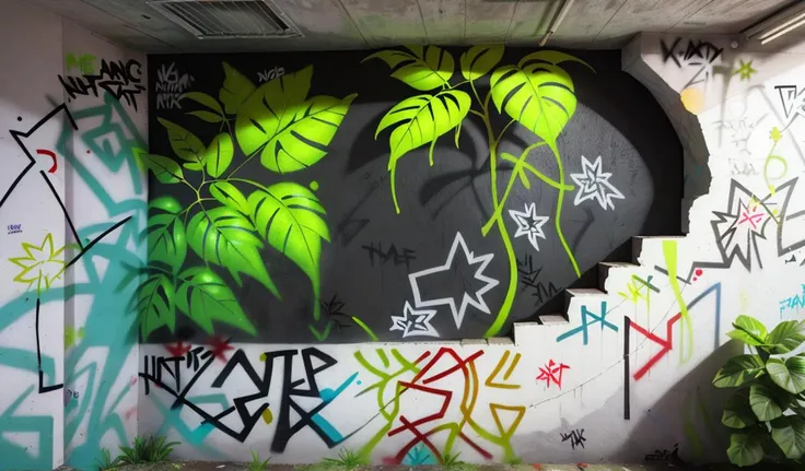 pixar, animation, realism, (epic:1.2), realistic, trending on artstation, 3d, (high quality:1.2), (masterpiece:1.2), high details, incredibly absurdres, colorful), photograph, film, best quality, highres,, (((wall graffiti drawing:1.3) of Huge Subdued Slender-arching Arching plant, Bipinnate Glabrous leaf, Palmate Venation, Clustered, Pinnatifid Leaf Margin Charcoal Samara fruit, Blotchy , , green yellow,powderblue, (Wall Graffiti:1.3), (Graffiti:1.2))) artwork, flat shading, (influenced by banksy), Lateral illumination, Off-axis lighting, Directional light, Panoramic view, Wide angle, (neon stripes:1.1), neon background, (glowing:1.1)(bioluminescence), light rays, (lineart, thick lines, clear lines:1.2), comic, 2d, (straight view:1.2), (frontal view:1.3),
