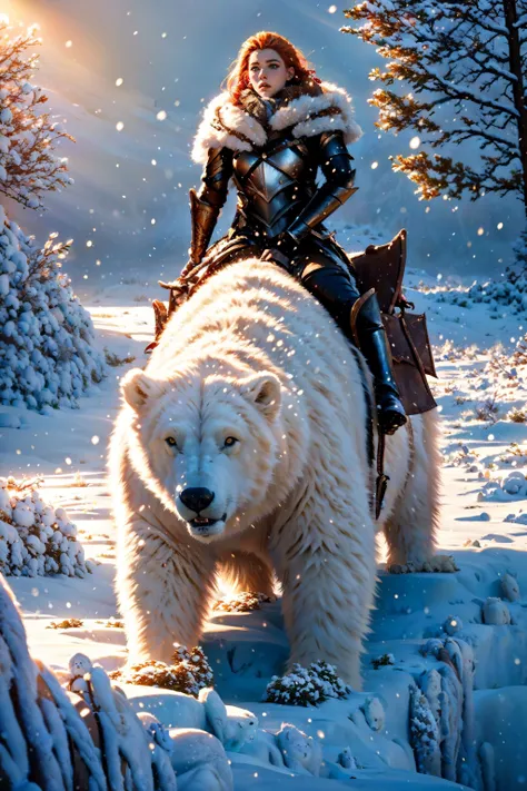 polar bear, bear riding, 1girl, red hair, freckles, messy braids, green eyes, <lora:BarbarianArmor:0.7> BarAr, leather, fur, armor, professional lighting, 8k ultra detailed <lora:RealmsOfIce:0.8> snow, snowing, tree, soft edges, photorealistic, cinematic shot <lora:bear - lion - panther - wolf - Animal Rider Concept:0.8>