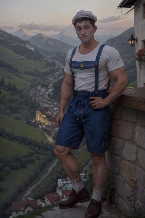 sc_walker <lora:sc_walker-04:0.8> posing, wearing l3denh0sen <lora:Clothing - Sexy Ledenhosen:0.6> , suspenders, shorts, hat, socks, shoes, tshirt, scenic bavarian background, rural mountainous area, steep gabled roofs, baroque and rococo style architecture, (celebrating octoberfest)