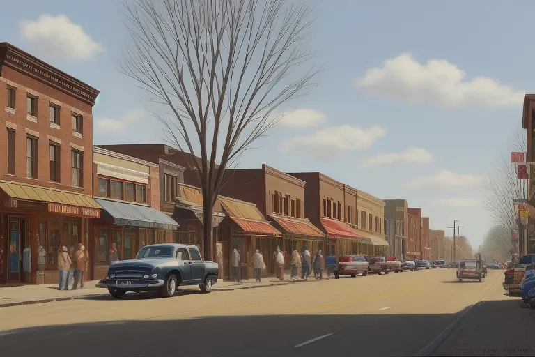 <lora:AdAmericana:1>, Ad Americana Style, painting of busy street, small town