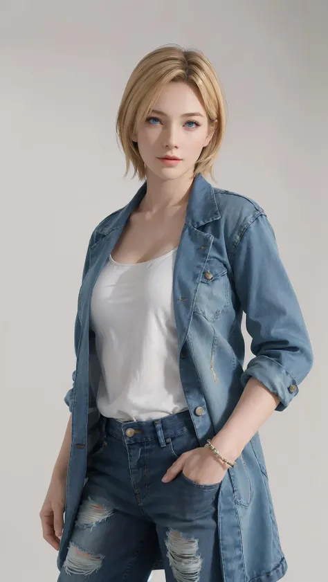 best quality,masterpiece,8k wallpaper,absurdres, highres, ultra detailed, (1 young beautiful girl, solo:1.1),blonde hair,blue eyes,short hair,realistic,overcoat,cutoff jeans, <lora:Tina:0.7>